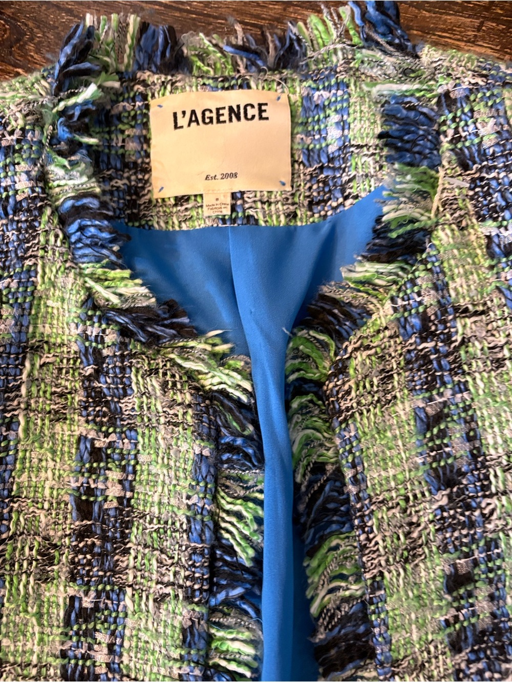 L'Agence Angelina Tweed Jacket Womens 8 Green Blue Plaid Excellent Fringe Trim - Picture 6 of 11